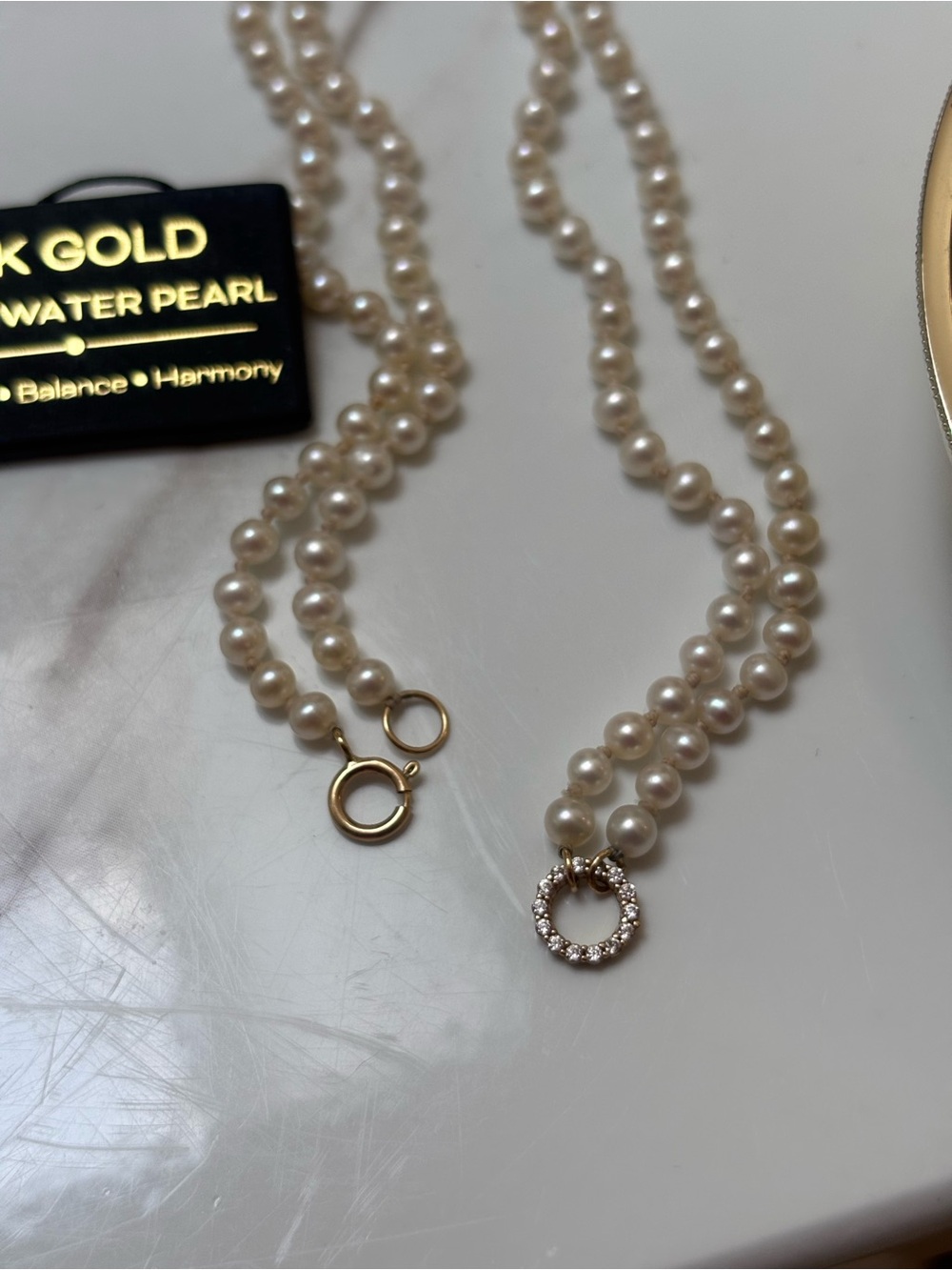 Freshwater Pearl 1mm  Double-Strand Necklace with 14 kg Gold & Crystal Circle
